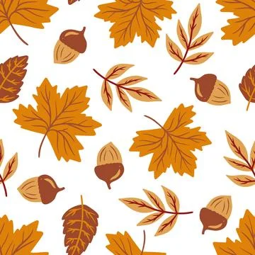 Autumn seamless pattern oak maple leaves and acorns, fall season background Stock Illustration