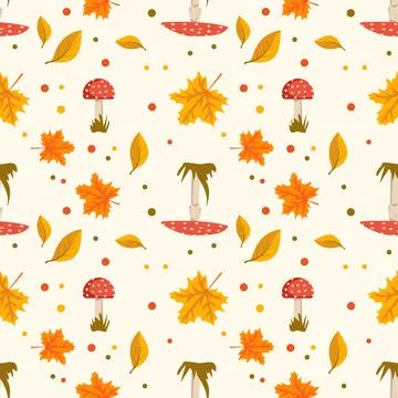 Autumn seamless pattern with orange maple, rowan leaves and fly agaric mushrooms Illustrazione stock