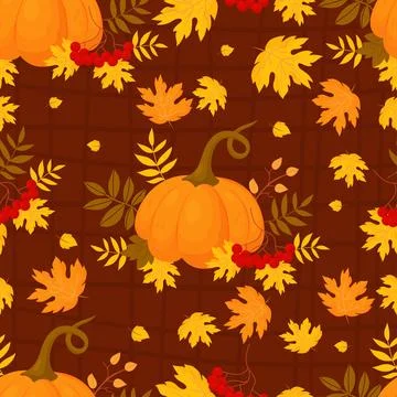 Autumn seamless pattern. Orange pumpkin with variegated multi-colored autumn Stock Illustration