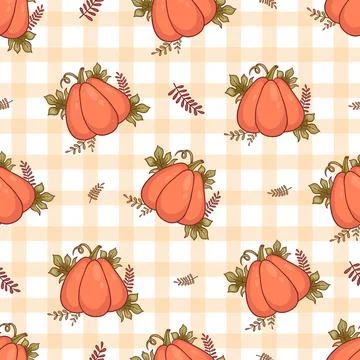 Autumn seamless pattern with orange pumpkin with leaves on checkered backgr.. Stock Illustration