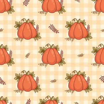 Autumn seamless pattern. Orange pumpkin with leaves on checkered yellow bac.. Stock Illustration