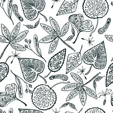 Autumn seamless pattern with ornamental leafs and seed. Hand drawn vector Stock Illustration