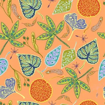Autumn seamless pattern with ornamental leafs and seed. Hand drawn vector Stockillustratie