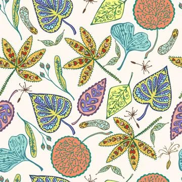 Autumn seamless pattern with ornamental leafs and seed. Hand drawn vector Illustrazione stock
