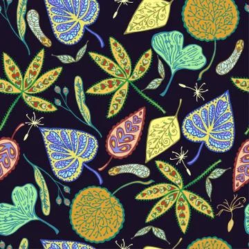 Autumn seamless pattern with ornamental leafs and seed. Hand drawn vector Stockillustratie