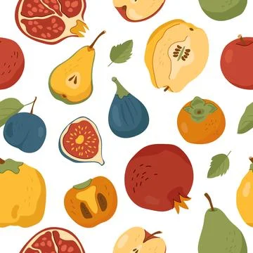 Autumn seamless pattern with pears pomegranates figs and persimmons on white Stock Illustration