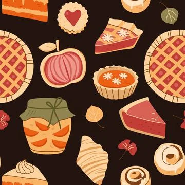 Autumn seamless pattern with pies cakes jam jar and croissants on dark backgr Stock Illustration