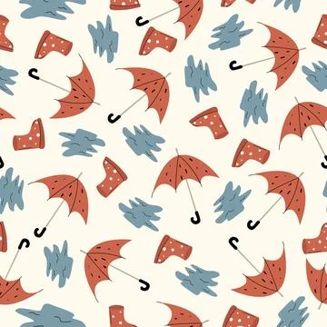 Autumn seamless pattern with puddles, umbrellas and rubber polka dot boots Stock Illustration