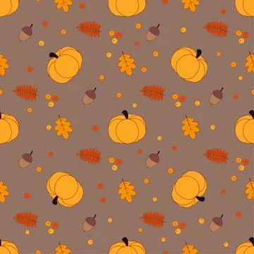Autumn Seamless Pattern Pumpkin Oak Leaves Rowan Acorns Stock Illustration