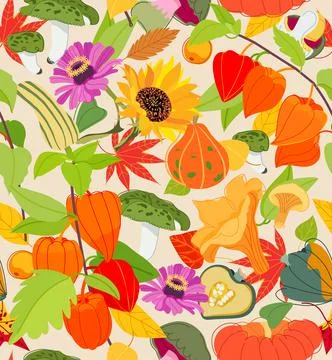 Autumn seamless pattern with pumpkin, physalis, sunflower, mushroom and leaf Stock Illustration