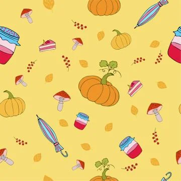 Autumn seamless pattern with pumpkin, umbrella, mushrooms. Vector. Stock Illustration