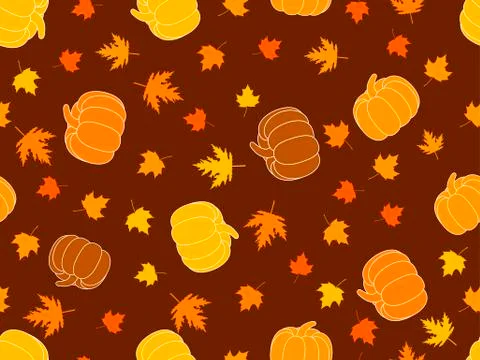 Autumn seamless pattern with pumpkins and leaves. Vector illustration Stock Illustration