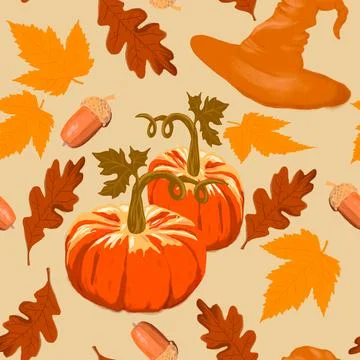 Autumn seamless pattern with pumpkins and leaves Stock Illustration