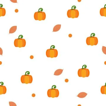Autumn seamless pattern with pumpkins leaves on white background flat vector 스톡 일러스트