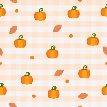 Autumn seamless pattern with pumpkins leaves and gingham background flat vect 스톡 일러스트