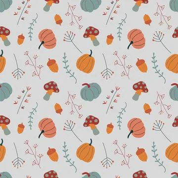 Autumn Seamless Pattern with Pumpkins, Mushrooms, and Acorns Stock Illustration