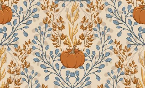 Autumn seamless pattern with pumpkins, plants and oats, harvest. Hand Drawn Stock Illustration