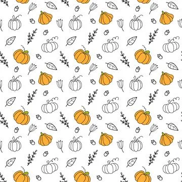 Autumn seamless pattern with pumpkins. Pumpkin of different shapes and colo.. Stock Illustration