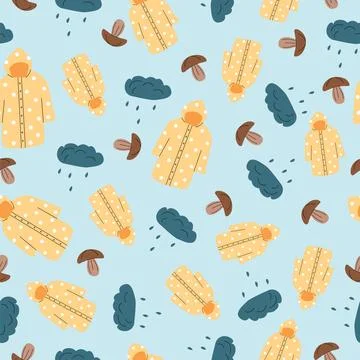 Autumn seamless pattern with rain, yellow raincoat and mushrooms Stock Illustration