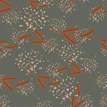 Autumn seamless pattern with random fall orange leaf branches shapes. Grey ba 스톡 일러스트