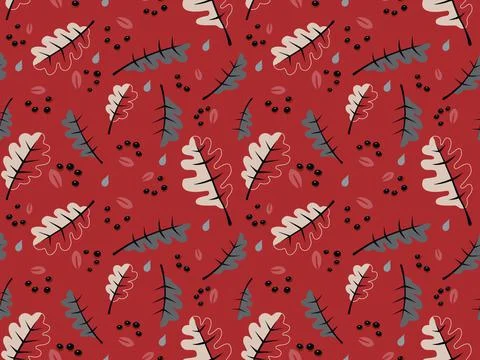 Autumn seamless pattern. Red and grey leaves background design. Colorful vect Stock Illustration