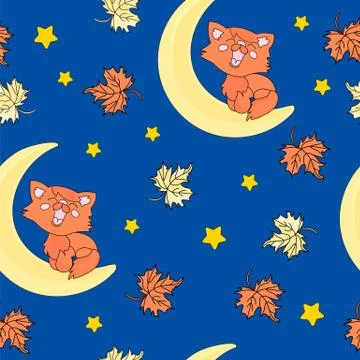 Autumn Seamless Pattern RED CAT Color Vector Illustration Stock Illustration