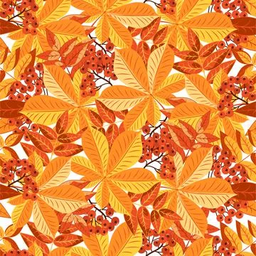 Autumn seamless pattern of red rowan berries and yellow chestnut leaves. Stock Illustration
