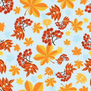 Autumn seamless pattern of red rowan berries and yellow chestnut leaves. Stock Illustration
