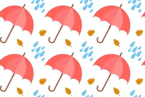 Autumn seamless pattern with red umbrellas with raindrops and falling leaves Stock Illustration