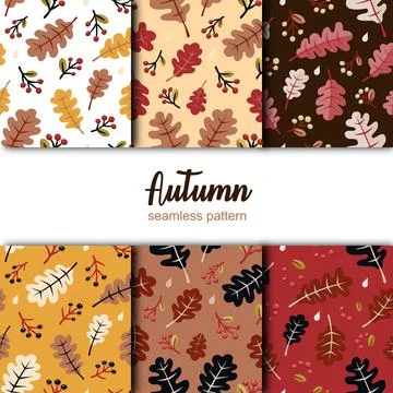 Autumn seamless pattern set. Leaves design in different colors background. Co Stock Illustration
