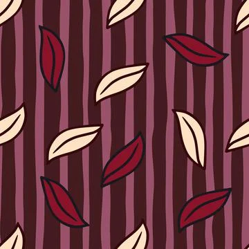 Autumn seamless pattern with simple leaf shapes print. Maroon striped backgro Stock Illustration