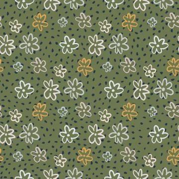Autumn seamless pattern with soft green background and daisy outline silhouet Illustrazione stock