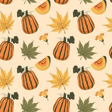 Autumn seamless pattern with striped pumpkins maple leaves and slices on beig Stockillustratie