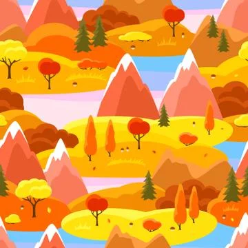 Autumn seamless pattern with trees, mountains and hills. Seasonal landscape Illustrazione stock