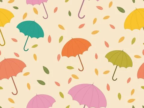 Autumn seamless pattern with umbrellas and leaves. Falling leaves, leaf fall. Stock Illustration