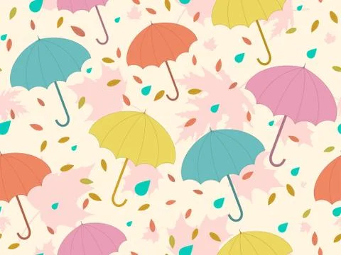 Autumn seamless pattern with umbrellas and leaves. Falling leaves, leaf fall. Illustrazione stock