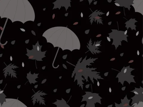 Autumn seamless pattern with umbrellas and leaves. Falling leaves, leaf fall. Stock Illustration