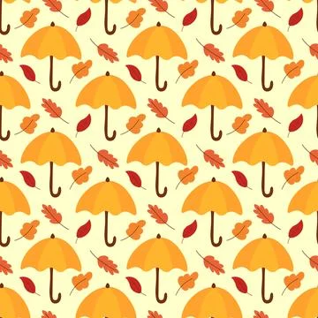 Autumn seamless pattern with umbrellas and leaves. Cozy fall background. Stock Illustration
