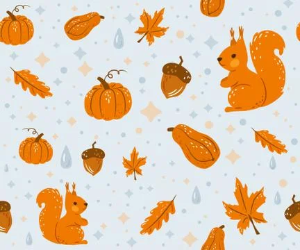 Autumn seamless pattern vector background with happy squirrel, water drops, fall Illustrazione stock