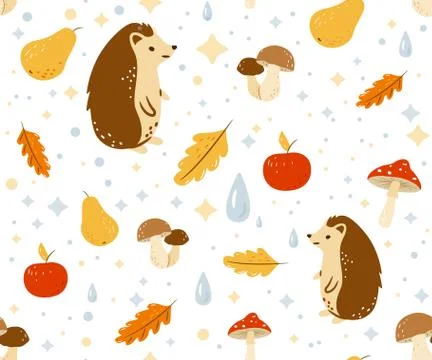 Autumn seamless pattern vector background with happy hedgehog, water drops, fall Stock Illustration