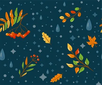 Autumn seamless pattern vector background with color rowan, water drops, fall Illustrazione stock