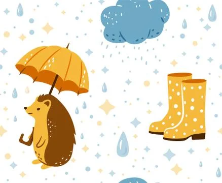 Autumn seamless pattern vector background with happy hedgehog walking under rain Stock Illustration