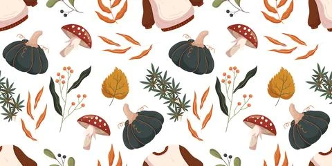 Autumn seamless pattern whimsical elements such as red and white mushrooms fly Stock Illustration