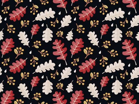 Autumn seamless pattern. White and red leaves background design. Colorful vec Stock Illustration