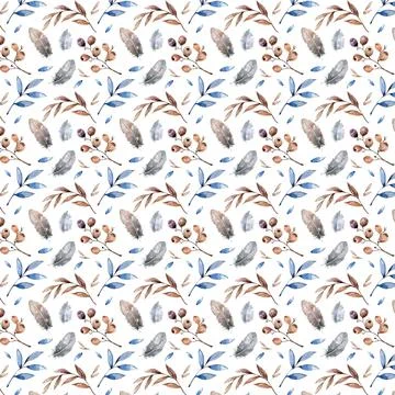 Autumn seamless pattern on a white background, sky, nature watercolor, leaves Stock Illustration