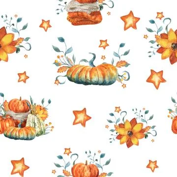 Autumn seamless pattern on a white background included flowers ,branches stars Stock Illustration