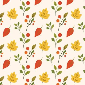 Autumn seamless pattern with yellow and terracotta leaves and berry branche.. Stock Illustration