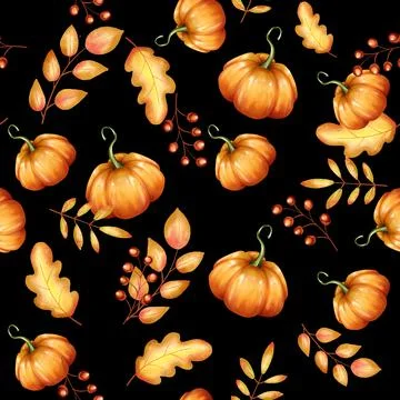 Autumn seamless pattern. Yellow fall leaves and pumpkin ornament on black Illustrazione stock