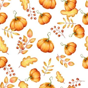 Autumn seamless pattern. Yellow fall leaves and pumpkin ornament on white Stock Illustration