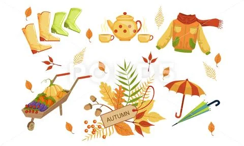 Autumn Season Objects Collection, Autumnal Design Elements, Rubber Boots, Jacket Stock Illustration